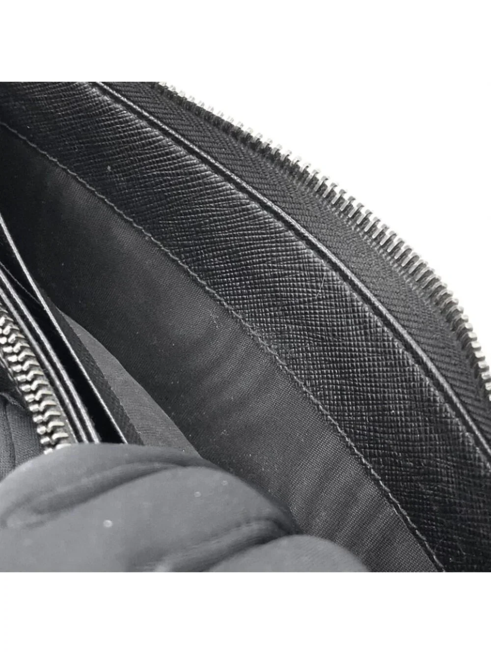Prada Triangle Logo Zip Around Saffiano Leather Black Wallet